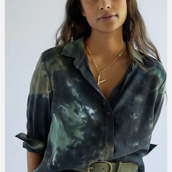 Cloth & Stone Anthropologie Tie-Dye Button down Shirt - Black Motif Green Brown - Picture 1 of 6